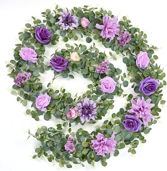 Waipfaru 8.85Ft Flower Garland, Eucalyptus Greenery Garland with Flowers, Rose Floral Vines for Wedding Table Runner Spring Summer Backdrop Decor (Purple)
