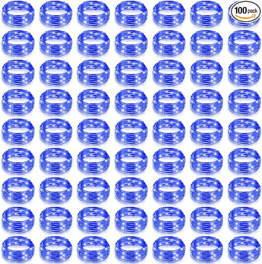 Hortsun 100 Packs Fairy Lights Battery Operated 3 Speed Modes, 7 Ft/ 2 M 20 LED Battery String Mini Waterproof Wire Twinkle Lights Bulk for Wedding Party Birthday Vases Decor (Blue Light)