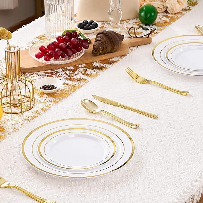 Fijinhom 100PCS Gold Plastic Plates, Disposable Plates with 50PCS 10" Dinner Plates & 50PCS 7" Dessert Plates for 50 Guests, Plastic Party Plates for Wedding, Birthday, Gold
