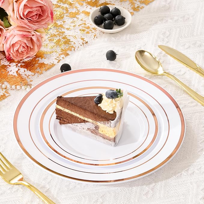 Fijinhom 200PCS Rose Gold Plastic Plates, Disposable Plates with 100PCS 10" Dinner Plates & 100PCS 7" Dessert Plates for 100 Guests, Plastic Party Plates for Wedding, Birthday, Rose Gold