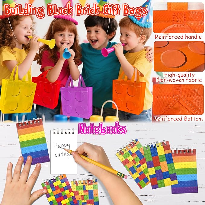 LINAYE 12 Packs Building Blocks Party Favors - 122 Pcs Birthday Party Favors Supplies with Goodie Bags, Animals Building Blocks, Notebooks, Tattoo Stickers Sheets Gift Bag Stuffers for Kids