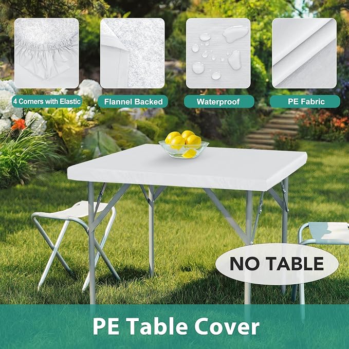 LUSHVIDA 2 Packs Vinyl Card Tablecloth with Flannel Backing 48x48 inch - Waterproof Plastic Picnic Table Cover for Square Folding Table Cloth with Elastic Corners, White