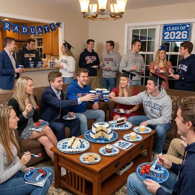 168PCS 2026 Blue Graduation Party Tableware Set Serves 24 Guests, Paper Plates Cups Napkins Cutlery for Small Family High School College Grad Party Decor