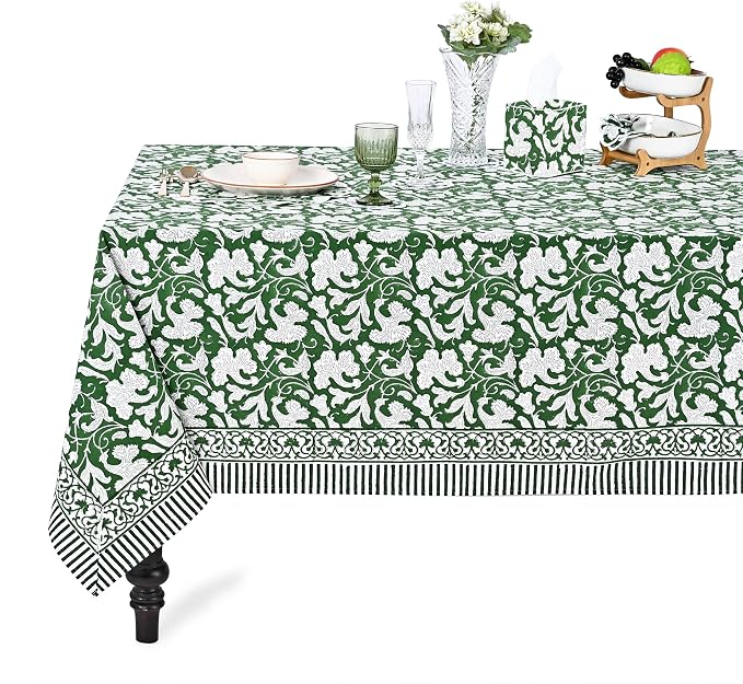 Ridhi Pantone Artichoke Hand Block Print Cotton Rectangle Tablecloth 60" x 60" inches Reusable Table Cover Decorative Everyday Use for Dining Room, Farmhouse, Home Gift for Spring, Mother's Day