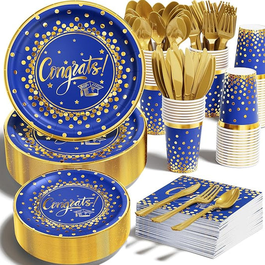 Ecomore 2026 Graduation Party Decoration - 350 PCS Blue Gold Grad Supplies Disposable Dinnerware (Severs 50) w/ Congrats Paper Plates Napkin Cup Plastic Cutlery for College High School Class of 2026
