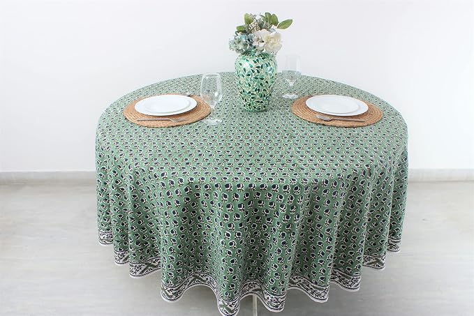 Ridhi Round Tablecloth Hand Block Print 100% Cotton Reusable Basil Green 132 Inch Table Cover Decorative Everyday Use for Dining, Home, Party, Wedding, Farmhouse, Party Gift for Spring, Mother's Day