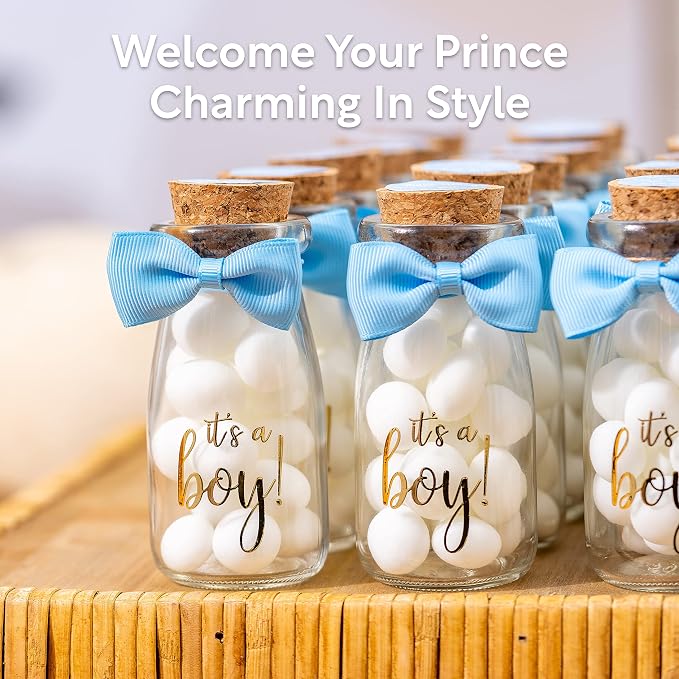 Ethisa Vintage 12 Pack It's a Boy Milk Glass Bottles with Ribbons and Stickers - Classy Baby Shower Favors for Guests and Table Centerpieces - Gender Reveal Boy Decorations - Baby Shower Candy Jar