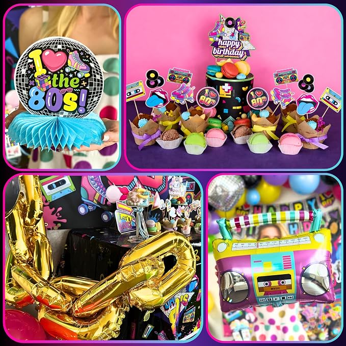 Premium 80s Party Decorations, Back to the 80s Birthday Party Decorations with Fabric Backdrop, Tattoos, Balloon Garland, Banner, Table Decor, Photo Props, Cake Toppers for Birthday Party, and More