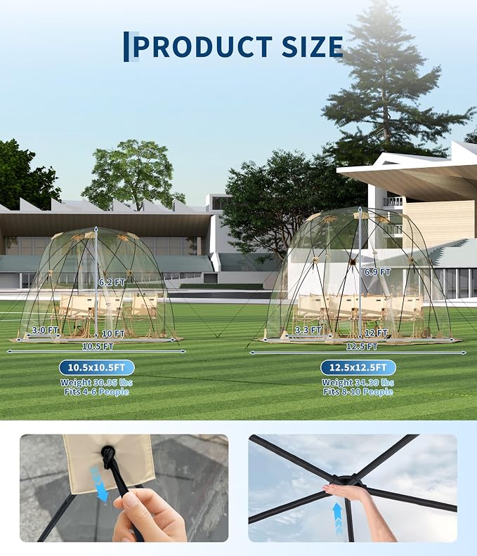 Garvee Pop up Bubble Tent with Waterproof & Vent Windows 6ft-10ft-12ft Camping Shelters, Outdoor Garden Dome Igloo, Transparent Sports Tent Screen Room for Patio, Backyard, Deck, Sports Events