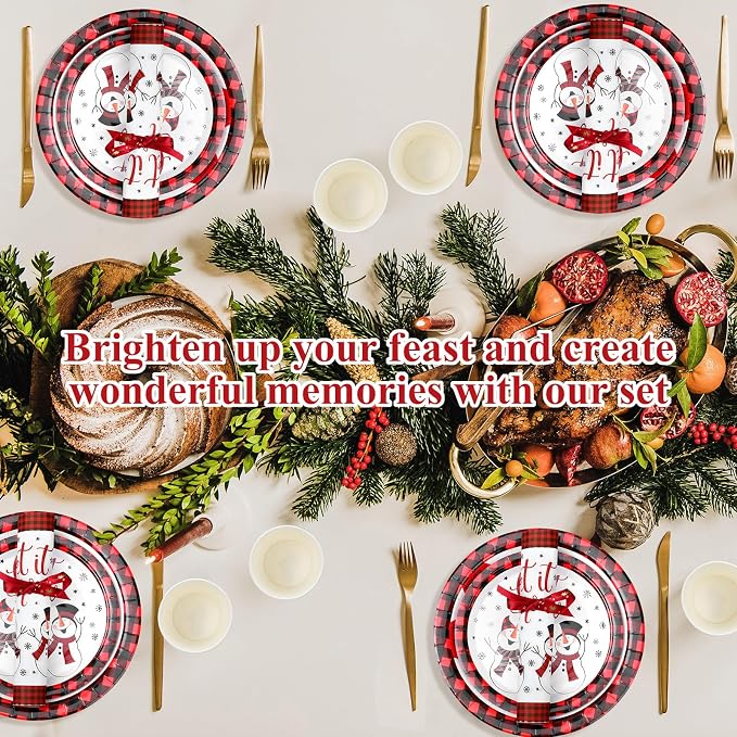 Funnymoom 250 Pcs Winter Snowman Paper Plates and Napkins Party Supplies Red Black Buffalo Plaid Winter Disposable Tableware Set for Christmas Holiday Party Decoration
