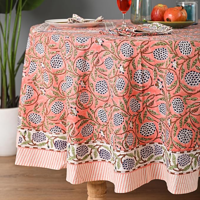 Hand Block Printed Tablecloth – Colorful Floral Print | 100% Cotton | Indian Artisan Handmade Art | Dining Room, Kitchen, Outdoor Décor, (Dark Salmon Pink, 108 Inches Round)