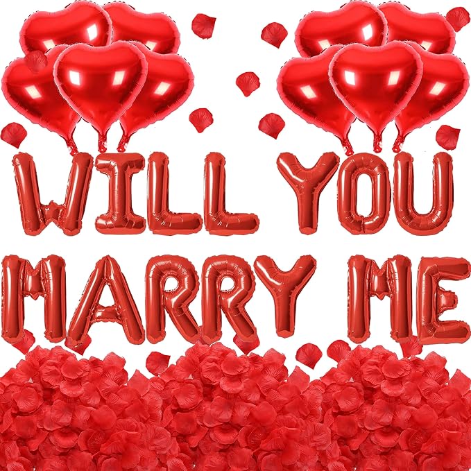 2 Set Red WILL YOU MARRY ME Balloons - 28pcs 16" Letter Balloons 10pcs 18" Heart Balloons with 1200pcs Red Artificial Rose Petals Alphabet Foil Mylar Balloons for Valentines Day Decorations