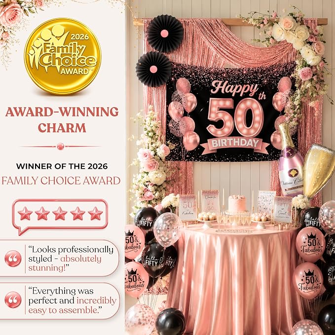 Premium 50th Birthday Decorations for Women - Rose Gold & Black 40 Pc Kit | 2026 Family Choice Award winner; Oxford-cloth backdrop (not paper), 30+ balloons, banner, tiara, sash & printable signs