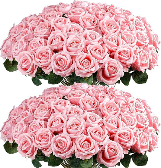 Auihiay 60PCS Pink Roses, Artificial Roses, Velvet Silk Fake Roses, Realistic Pink Artificial Flowers for Mother's Day, Wedding Centerpieces, Bridal Bouquets, Home Decor, Anniversary Decorations