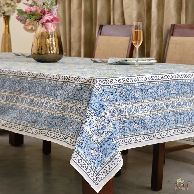Ridhi Asparagus Green Gadd Hand Block Print Cotton Rectangle Tablecloth 160" x 72" inches Reusable Table Cover Decorative Everyday Use for Dining Room, Farmhouse, Home Gift for Spring, Mother's Day