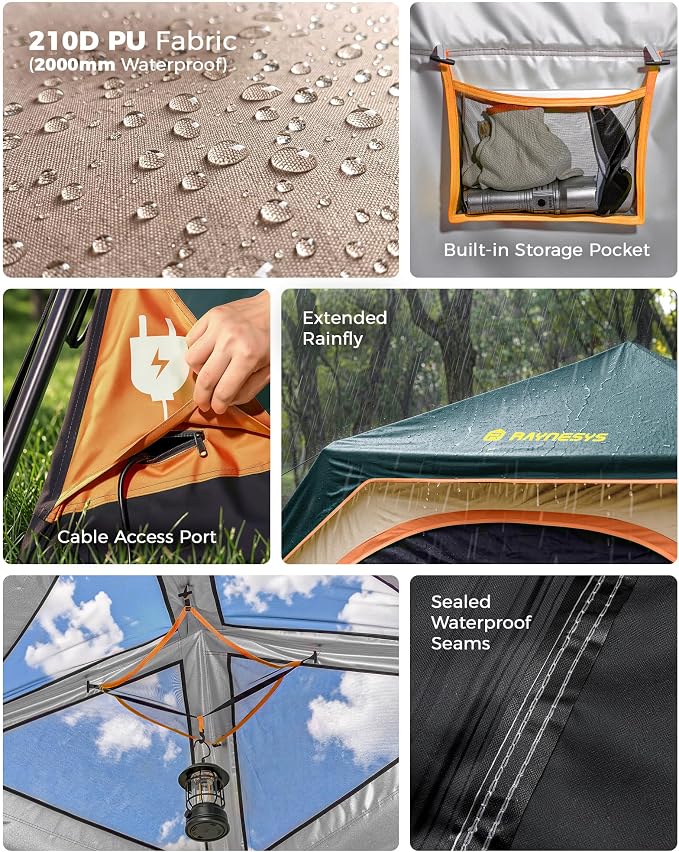 4 Person Instant Tent, Camping Tent Setup in 60 Seconds, Waterproof Pop Up Tents for Camping with Top Rainfly, Instant Cabin Tents with Portable Carry Bag for Family Camp & Hiking, Green + Brown