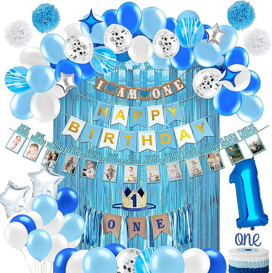 PartyHooman Boy 1st Birthday Decors: Package With Photo Banner, Backdrop, Crown, High Chair Banner & Supplies
