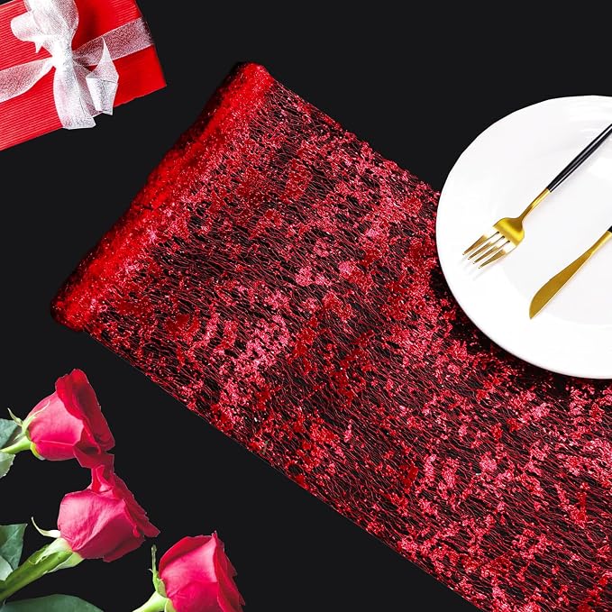 Snowkingdom Red Sparkly Table Runner Glitter Sequin Glitter Metallic Foil Mesh Lace 11 Inch x 49 Feet Long Roll Centerpieces Decorations for Wedding Anniversary Mother's Day Valentine Party Birthday