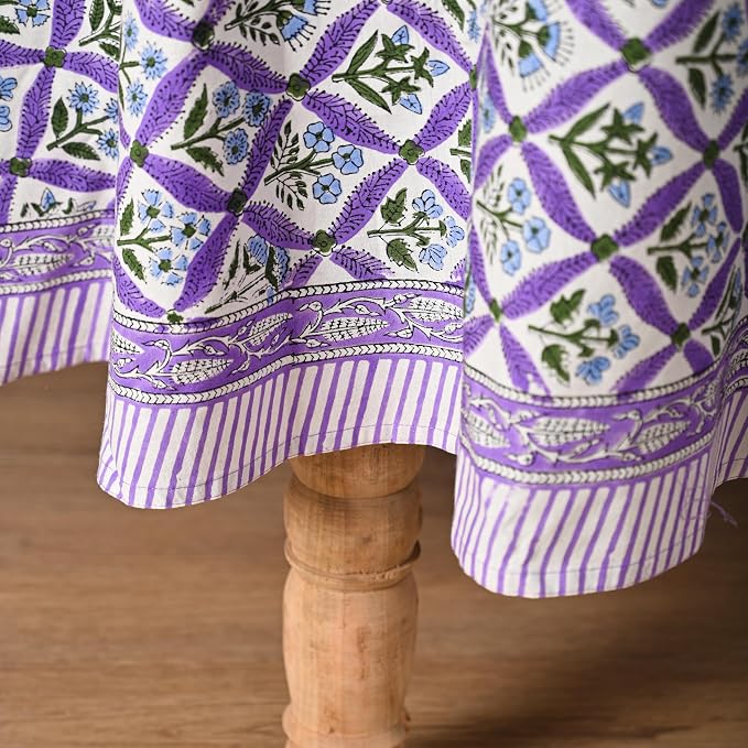 Hand Block Printed Tablecloth – Colorful Floral Print | 100% Cotton | Indian Artisan Handmade Art | Dining Room, Kitchen, Outdoor Décor, (Royal Purple Flora, 108 Inches Round)