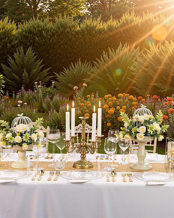Nervure 175PCS Clear Gold Plastic Plates - Gold Disposable Dinnerware Set for 25 Guests Include 50 Disposable Plates, 75 Plastic Silverware, 25 Cups, 25 Napkins for Wedding & Party