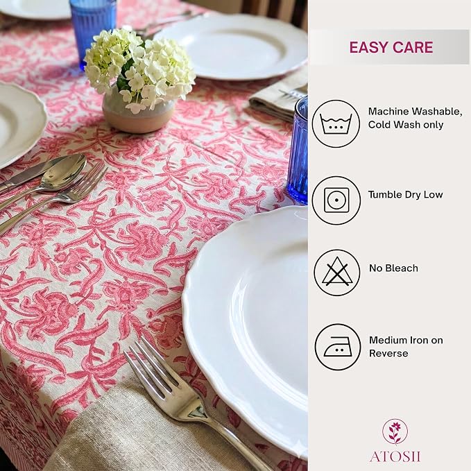 ATOSII Red Bloom 100% Cotton Tablecloth, Handblock Print Square Table Cover for Kitchen Dining I Tabletop Linen I Parties, Wedding, Spring SummerTable Cloth 60 X 60 Inches