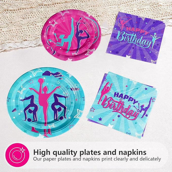 200Pcs Gymnastics Birthday Party Supplies Gymnastics Plates and Napkins Disposable Dance Gymnasts Themed Tableware Set for Little Dance Gymnasts Girls Birthday Party Decorations Serves 50