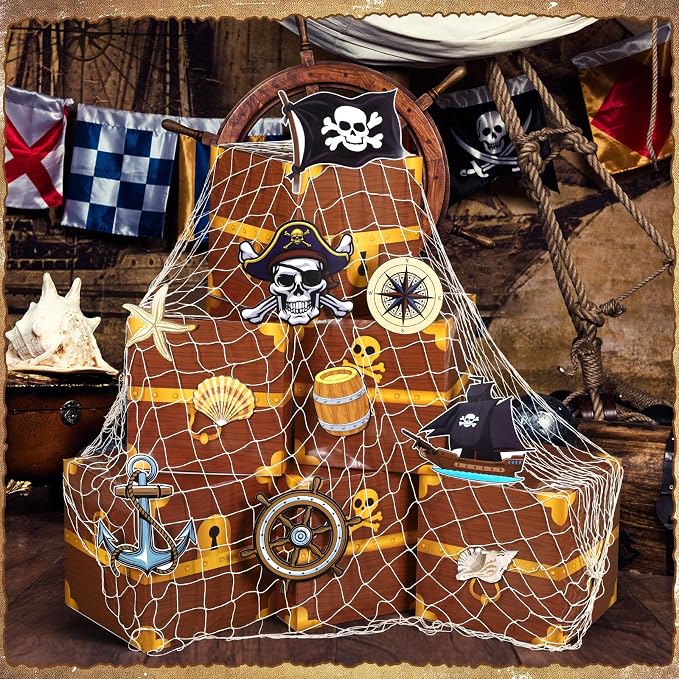 17 Pcs Pirate Party Decorations Set Cardboard Pirate Treasure Chest Box Stickers with Fish Net for Western Cowboy Birthday Party Trunk or Treat Supplies