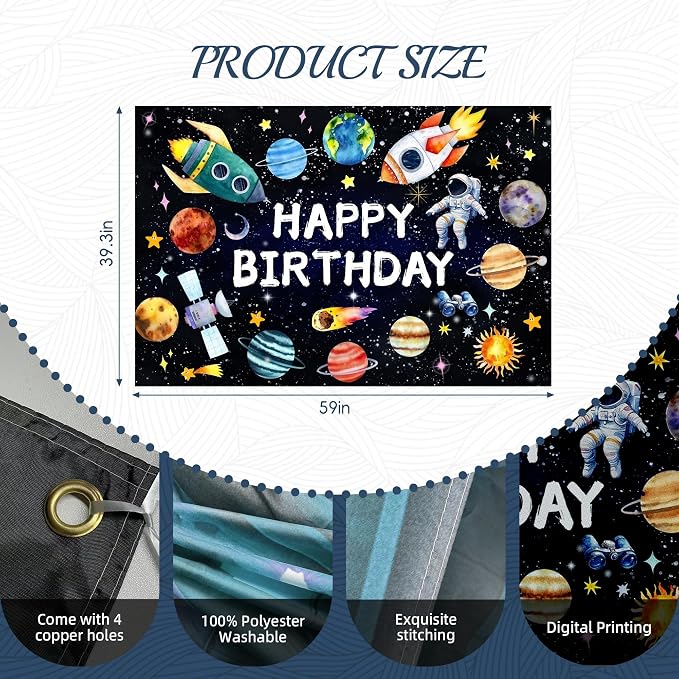 Space Birthday Party Decorations for Boys - 150x100cm Planet Backdrop, Astronaut Rocket Balloons, Galaxy Tablecloth, Hanging Swirls & Cake Toppers, Outer Space Themed Party Supplies Set