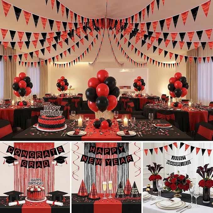130FT Red Black Triangle Pennant Banner Flag Metallic Fabric Bunting Garland for Christmas Graduation Bachelorette Anniversary Birthday Engagement Wedding Anniversary Casino Party Decorations Supplies