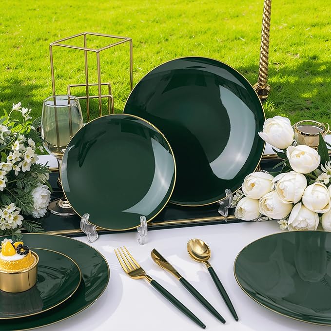 DaYammi 150Pcs Green Plastic Plates with Gold Rim,Gold and Green Disposable Plates with Cutlery Included 30 Dinner Plate,30 Dessert Plate,30 Knives,30 Forks,30 Spoon, green plates for Party Dinner