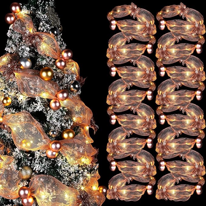 Hollowfly 16.4 ft Christmas Tree Ribbon Garland Mesh with Lights Decor Mesh Christmas Ball Garland Poinsettia Flower Hanging Ornament for Mantle Front Door Xmas Decoration(Rose Gold)