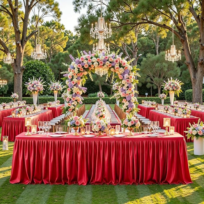 1 Pack Red Satin Tablecloths Rectangle 4FT, Glitter Spandex Fitted Stretch Table Covers Wrinkle-Free Floor Length Shimmer Table Skirt for Weddings Parties Baby Shower Banquets Vendor Events