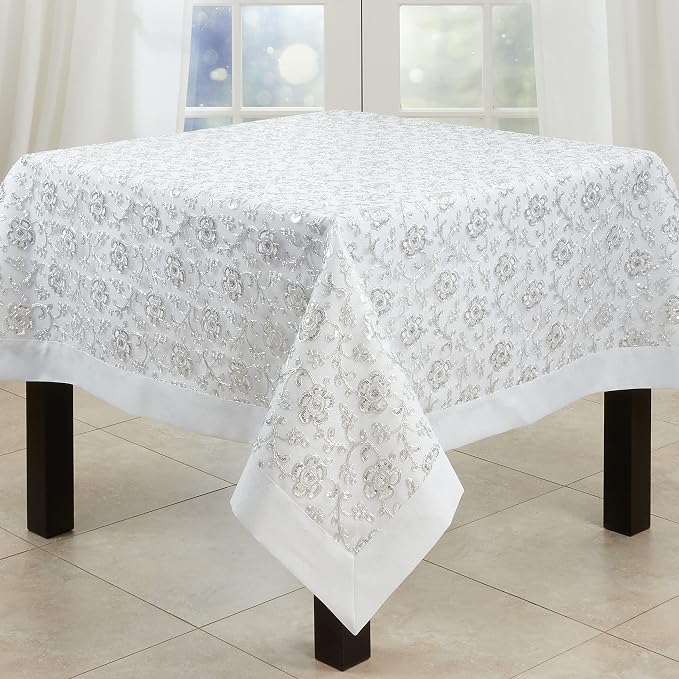 SARO LIFESTYLE Floral Embroidered Tablecloth, White, 65"
