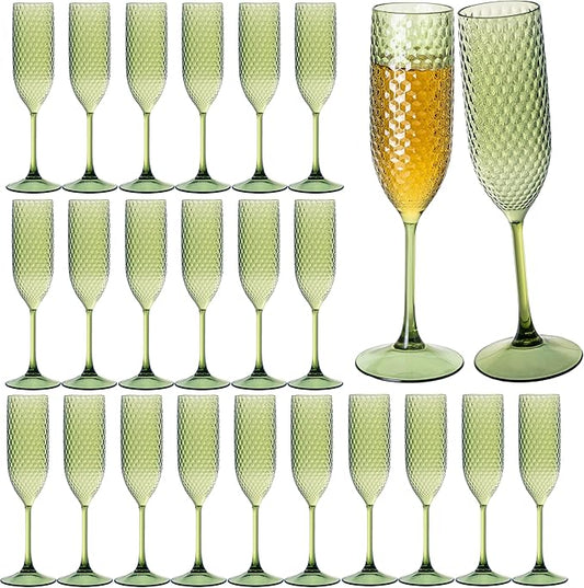 24 Pack Green Plastic Champagne Flutes Mimosa Unbreakable Champagne Glasses Wedding Toasting Glasses 5.5 OZ Reusable Diamond Glasses Wine Cups Vintage Drinking Glasses for Wedding,Christmas,Party