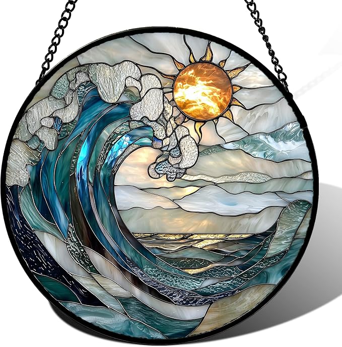 DASTOLL Stained Glass Window Hanging, Blue and White Waves Suncatcher Diamond Glass Panel Landscape Sun Catchers Decor for Birthday for Women, Men, Wife, Aunt, and Mom 14.9x14.9 in