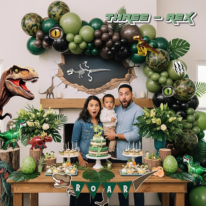 Dinosaur Birthday Party Decorations Includes Green and Brown balloon arch & Cute Small dino Foil balloons & Banner Footprint Sticker for kids jungle Safari dino ROAR Themed Supplies