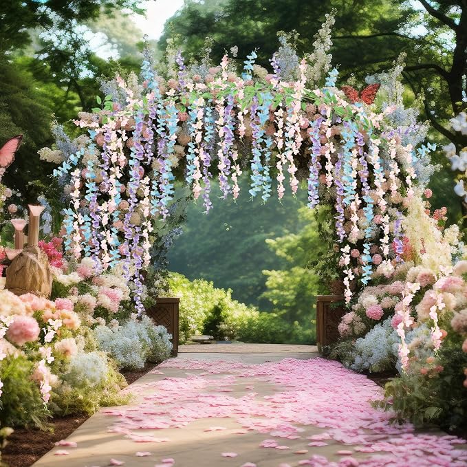 Thiccywoov 4pcs Wisteria Artificial Flowers Garland, 7.2Ft/Piece Wisteria Hanging Flowers Garland for Wedding Arch Decoration Outdoor Ceremony Home Backdrop Garden (Pink,Purple,Blue)