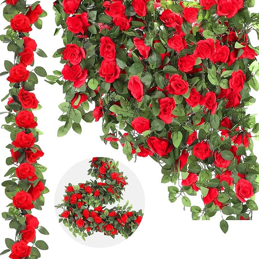Aneco 12 Pack 96 FT Red Flower Garland Kentucky Artificial Rose Vines Derby Roses Fake Vine Flowers Plants Party Supplies for Kentucky Holiday Wedding Garden Craft Art Decoration