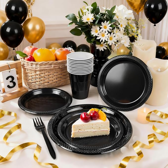 MirthMood 350PCS Black Disposable Plates,Black Plates,Plastic Party Supplies, Includes 50 Dinner Plates, 50 Salad Plates, 50 Silverware, 50 Napkins and 50 12OZ Cups for Wedding & Birthday & Party