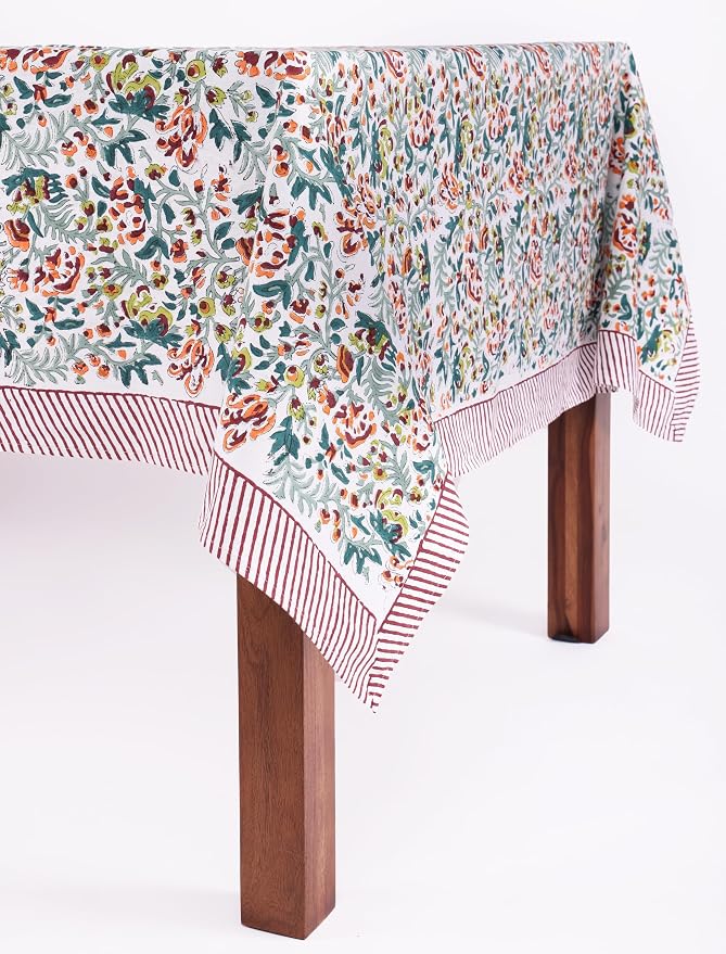 ATOSII Ambrosia Green Floral 100% Cotton Rectangle Fall Tablecloth, Handblock Print Linen Table Cloth for Kitchen Dining I Parties, Weddings, Outdoors, Christmas, Thanksgiving Decor 60 X 90 Inches