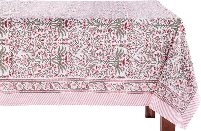 ATOSII Nargis Pink 100% Cotton Rectangle Boho Spring Tablecloth, Handblock Floral Table Cloth Linen for Kitchen Dining I Parties Wedding Outdoors Easter Holidays Home Decor 60 X 108 Inches I 8 Seater
