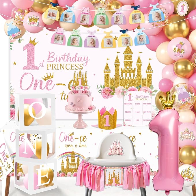 Princess 1st Birthday Decorations for Girls - One-ce Upon A Time First Birthday Baby Shower Decorations for Baby Girls with Birthday Hat Cake Topper Backdrop Tablecloth Banners Arch Balloon Box