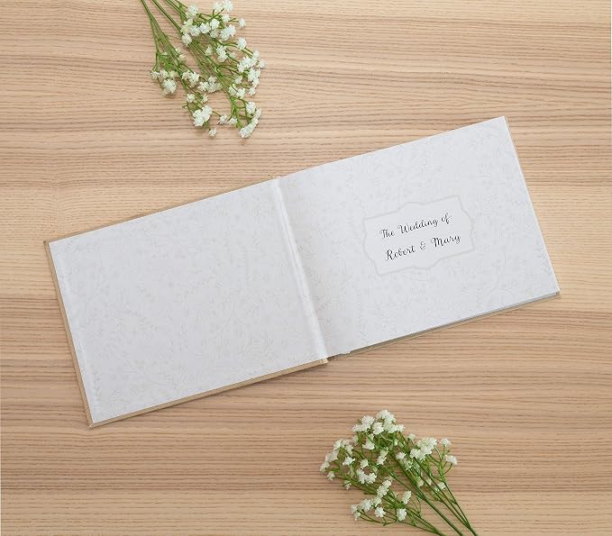 Pearhead Linen Wedding Guest Book with White Script, Elegant Bridal Shower & Wedding Keepsake, Includes Pen, 100 Blank Pages, 7 x 9, Beige