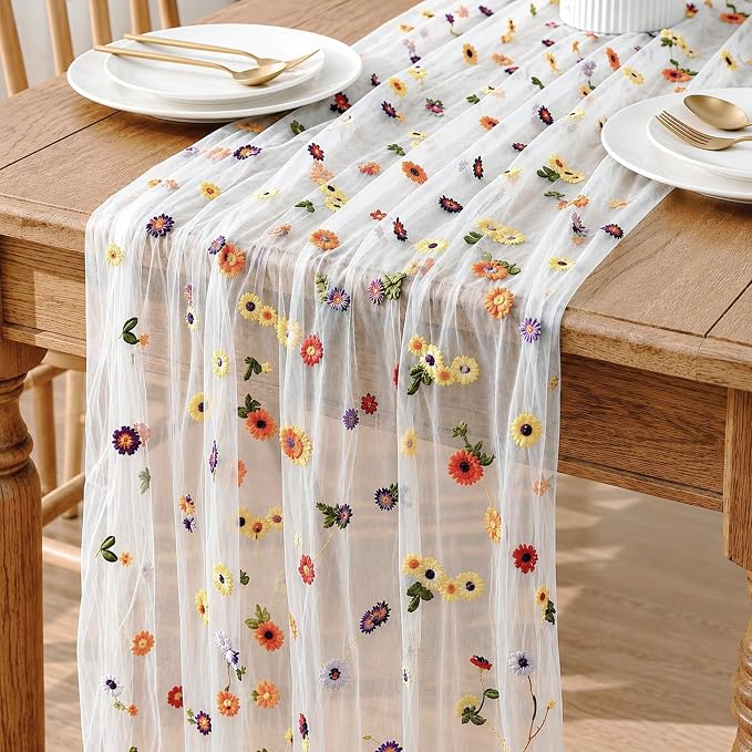 Floral Table Runner 30 x 120 Inch, 1 Pack Ivory White Embroidered Daisy Sheer Tulle Gauze Table Runner for Wedding, Birthday Tea Party, Home Dining Decor