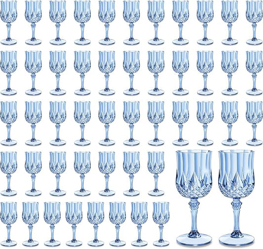 48PCS 7oz Plastic Wine Glasses Drinking Unbreakable Glassware Goblets Cups Blue Water Reusable Vintage Champagne Flutes for Valentine’s Day, Parties, Wedding (48, Blue)