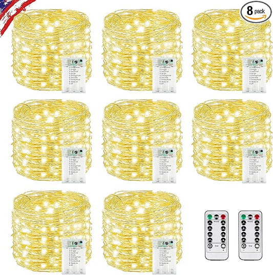 8 Pack Total 160FT 480LED Fairy Lights Battery Operated with Rmote, Waterproof Twinkle Lights with Timer Indoor Outdoor, Cuttable String Light for Bedroom, Classroom, Wedding, DIY, Christmas Decor