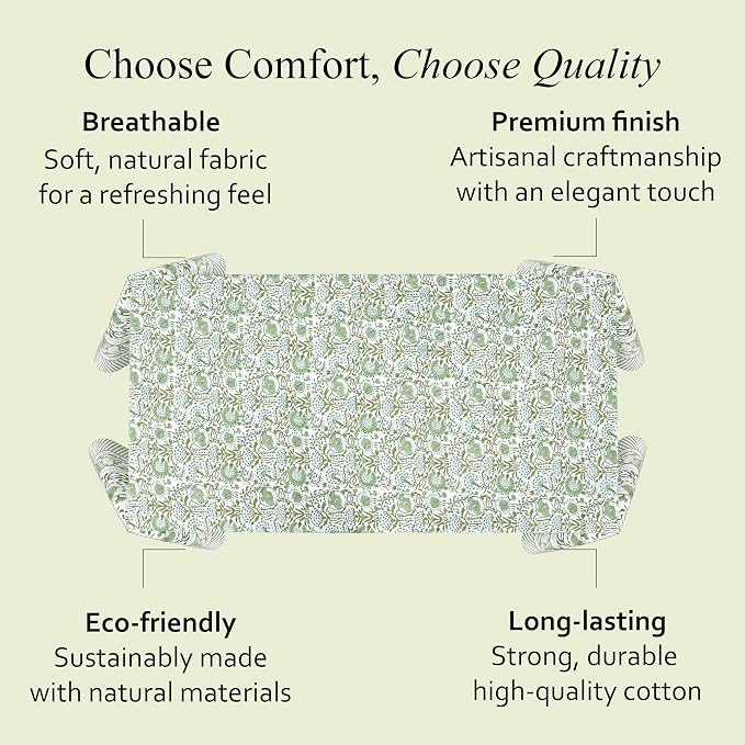 CPC Tablecloth 100% Cotton 60x60 Inch Indian Block Print Square Table Cover, Table Cloth for Weddings, Spring/Summer, Barbeque - Agate Green