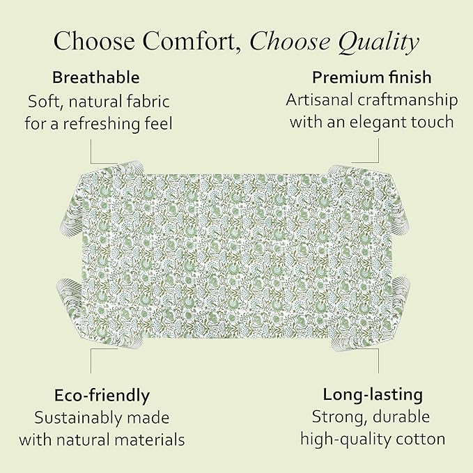 CPC Block Print Tablecloth Agate Green 120"x80" Rectangular 100% Cotton Reusable Table Cover, Everyday Decorative Table Cloth Use for Dining, Farmhouse, Home Gift for Spring,Summer