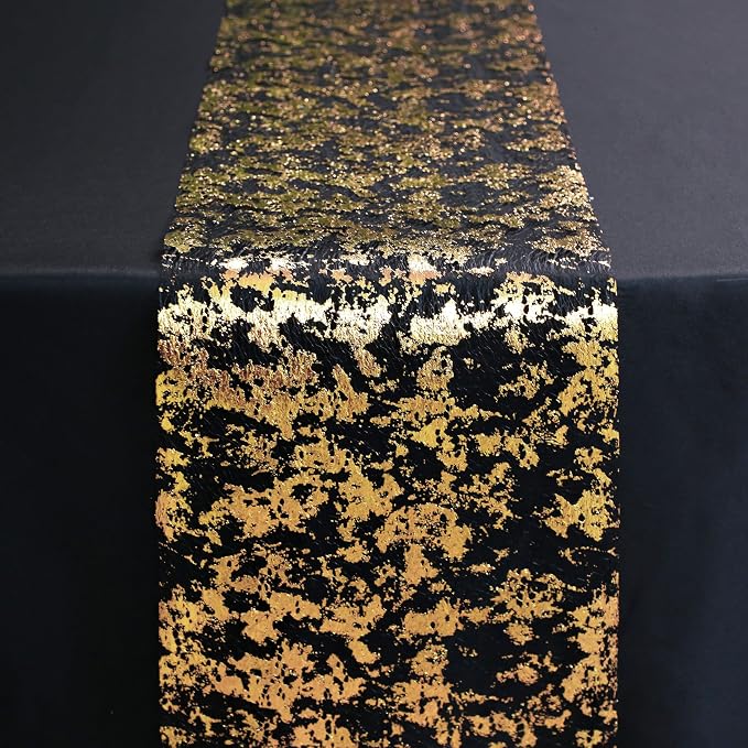 Snowkingdom 2 Pcs Black and Gold Table Runner, 11 x 108 Inch Gold Metallic Foil Glitter Runners for Party, Table Centerpieces Decorations for Birthday Wedding Graduation Fall Thanksgiving Christmas