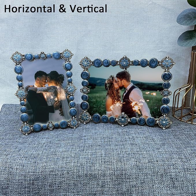 4x6 Vintage Picture Frame Decor Ornate Antique Blue Photo Frames with Glass Front, Art Decor Tabletop Display, Gifts Ideas for Women, Horizontally & Vertically